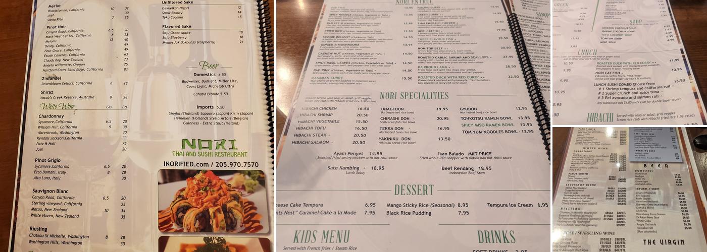 Nori Thai and Sushi Menu
