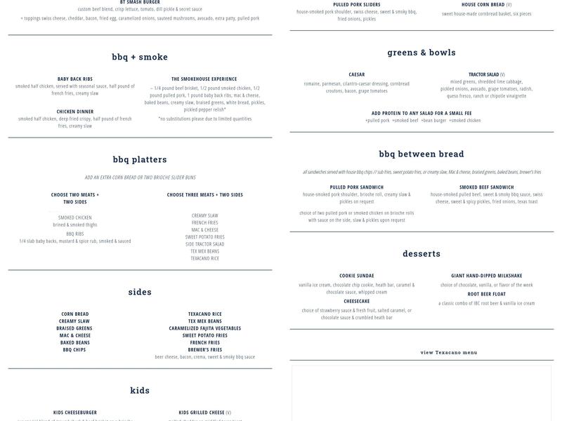 Blue Tractor BBQ & Brewery Menu