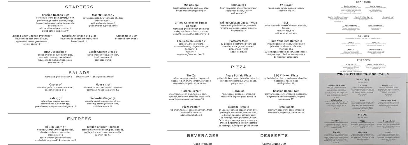 Arbor Brewing Company Session Room Menu