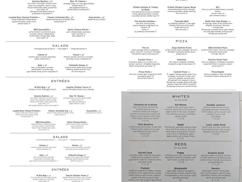 Arbor Brewing Company Session Room Menu