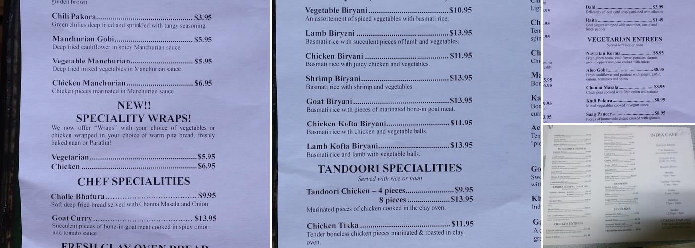 India Cafe Menu