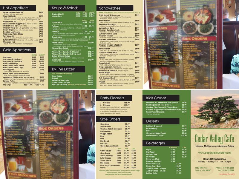 Cedar Valley Cafe Menu