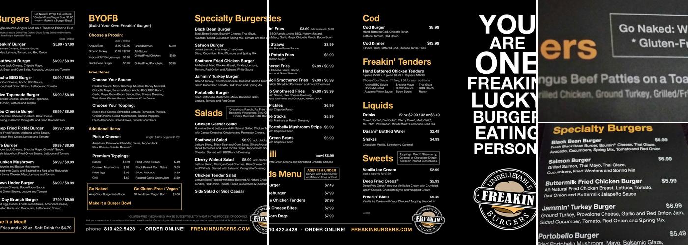 Freakin' Unbelievable Burgers Menu