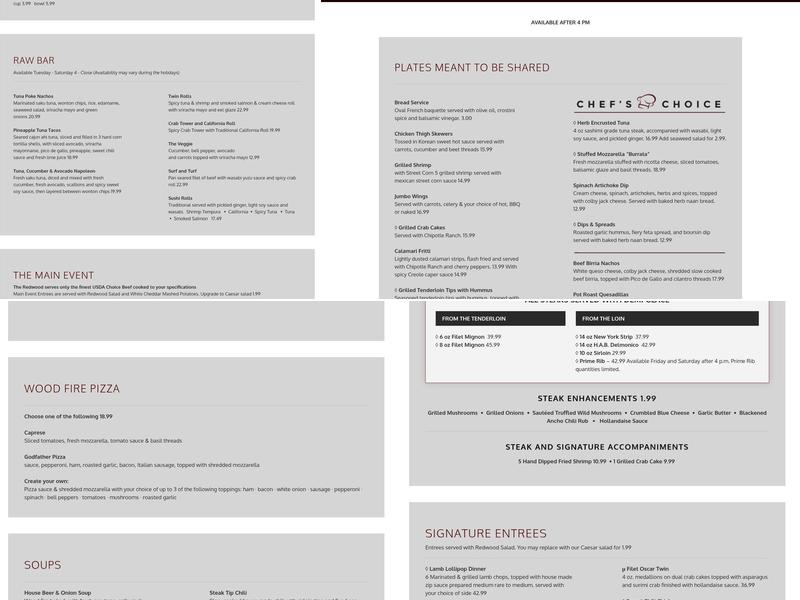 Redwood Steakhouse and Brewery Menu