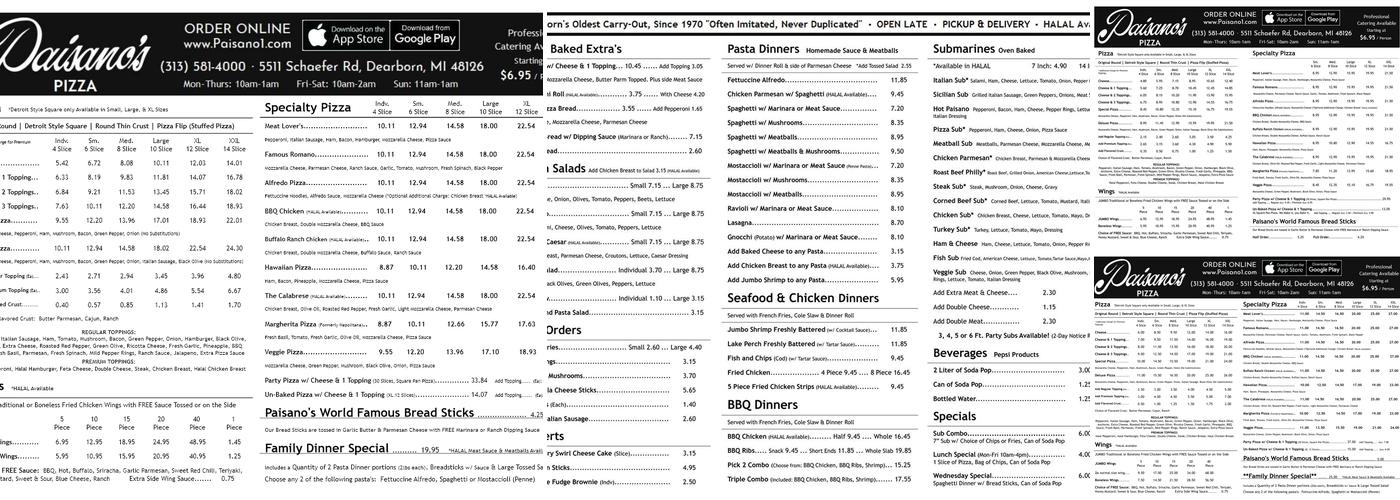 Paisano's Pizza Menu