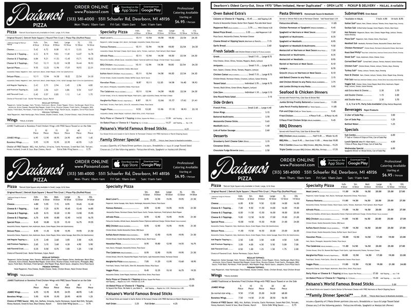 Paisano's Pizza Menu