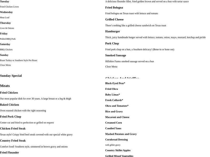 Lizard's Thicket Restaurant Menu