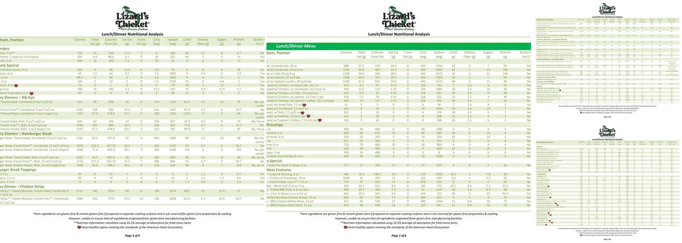 Lizard's Thicket Restaurant Menu