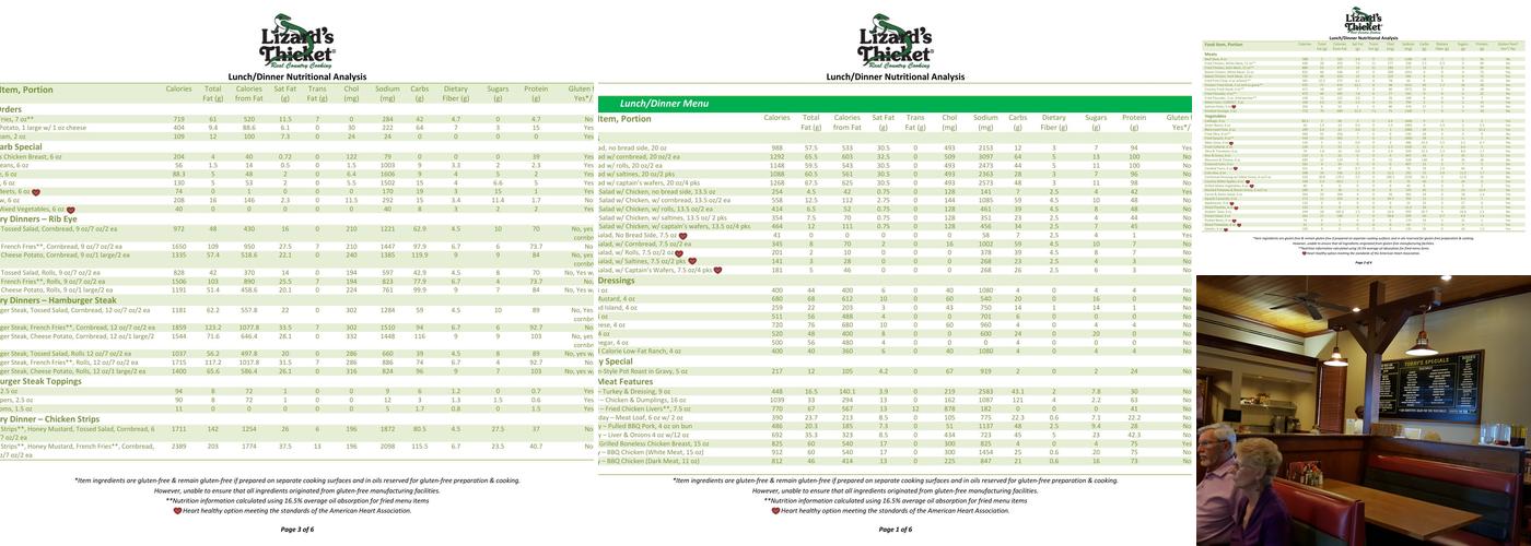Lizard's Thicket Restaurant Menu