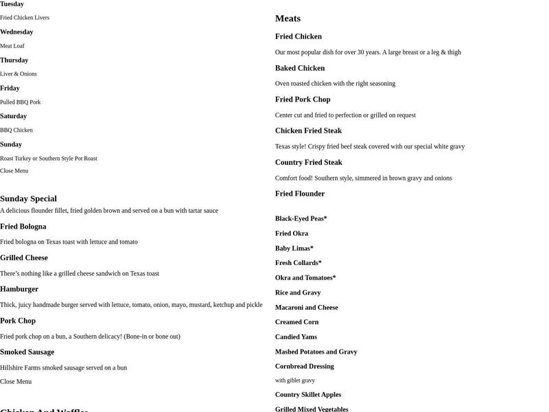 Lizard's Thicket Restaurant Menu