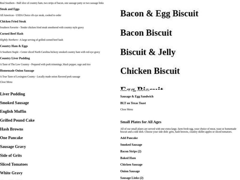 Lizard's Thicket Restaurant Menu
