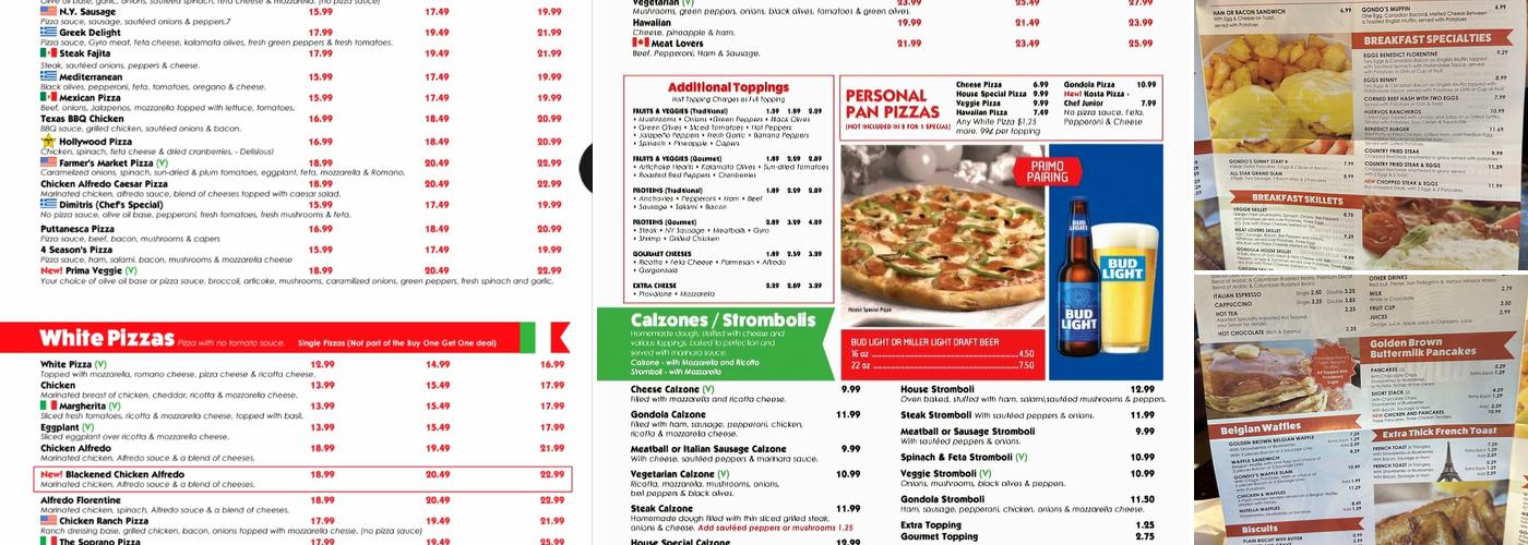 Gondola Pizza Menu