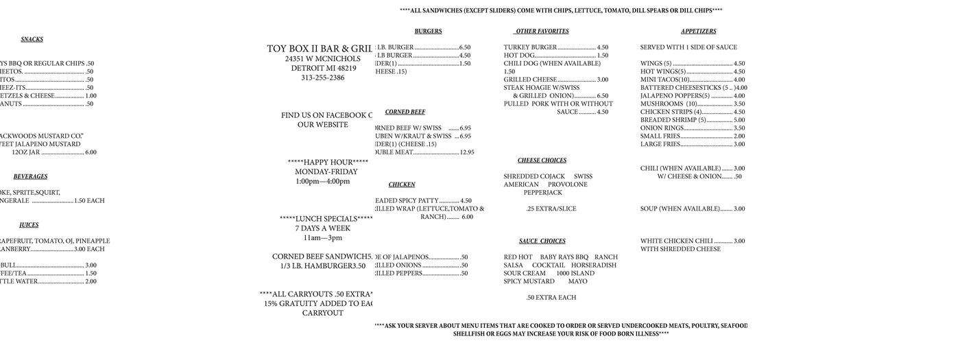 Toy Box II, Bar and Grill Menu