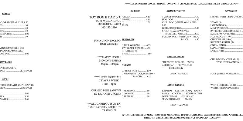 Toy Box II, Bar and Grill Menu