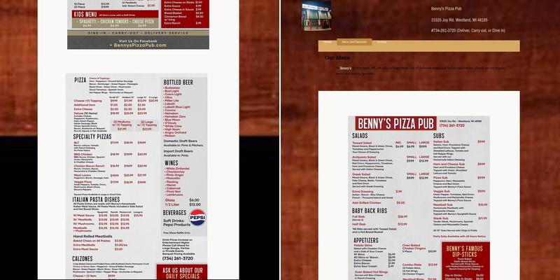 Benny's Pizza Menu