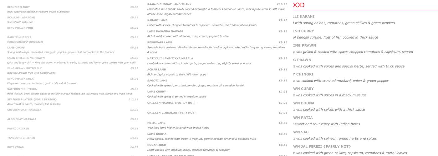 Red Rose Menu