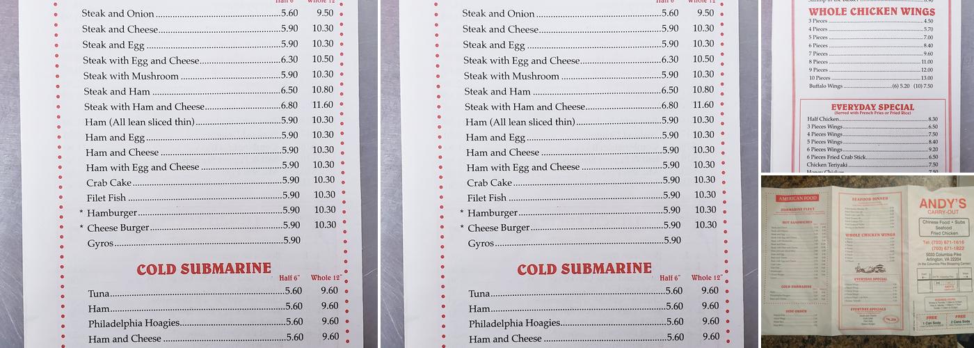 Andy's Carry Out Menu