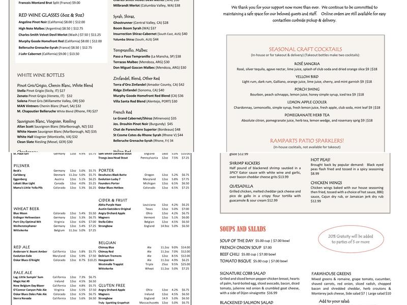 Ramparts Tavern & Grill Menu