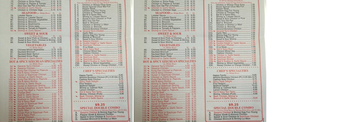 No 1 Chinese Food Menu