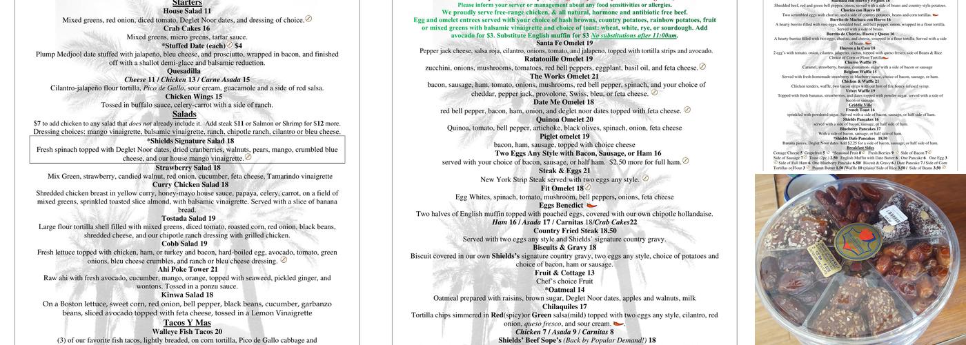 The Cafe at Shields Menu