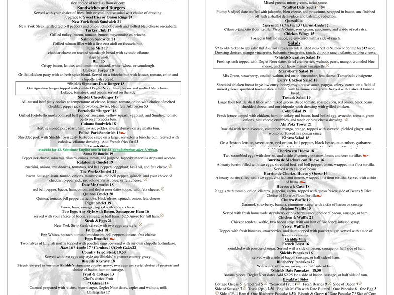 The Cafe at Shields Menu