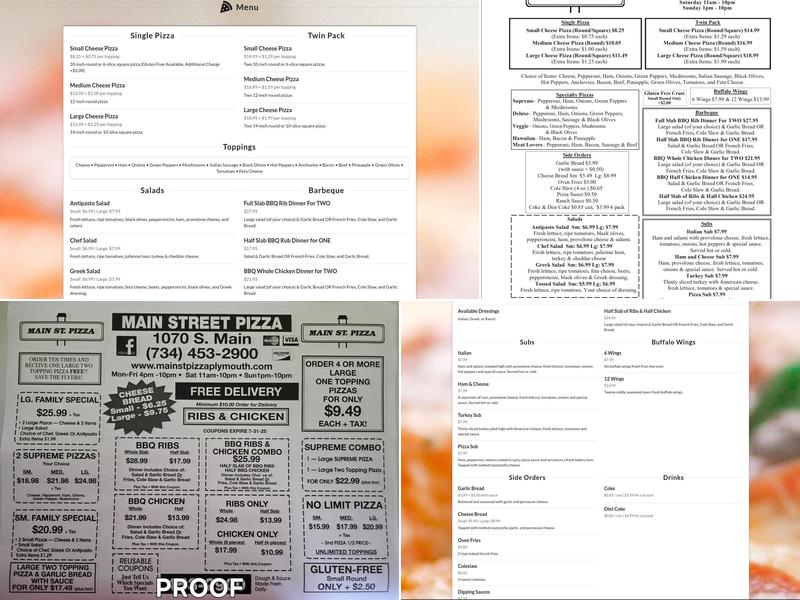 Main Street Pizza Menu