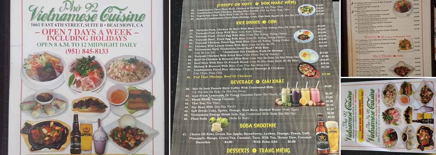 Phở 92 Restaurant Menu