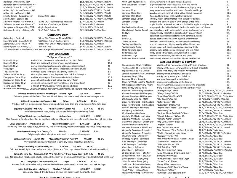 The Limerick Pub Menu