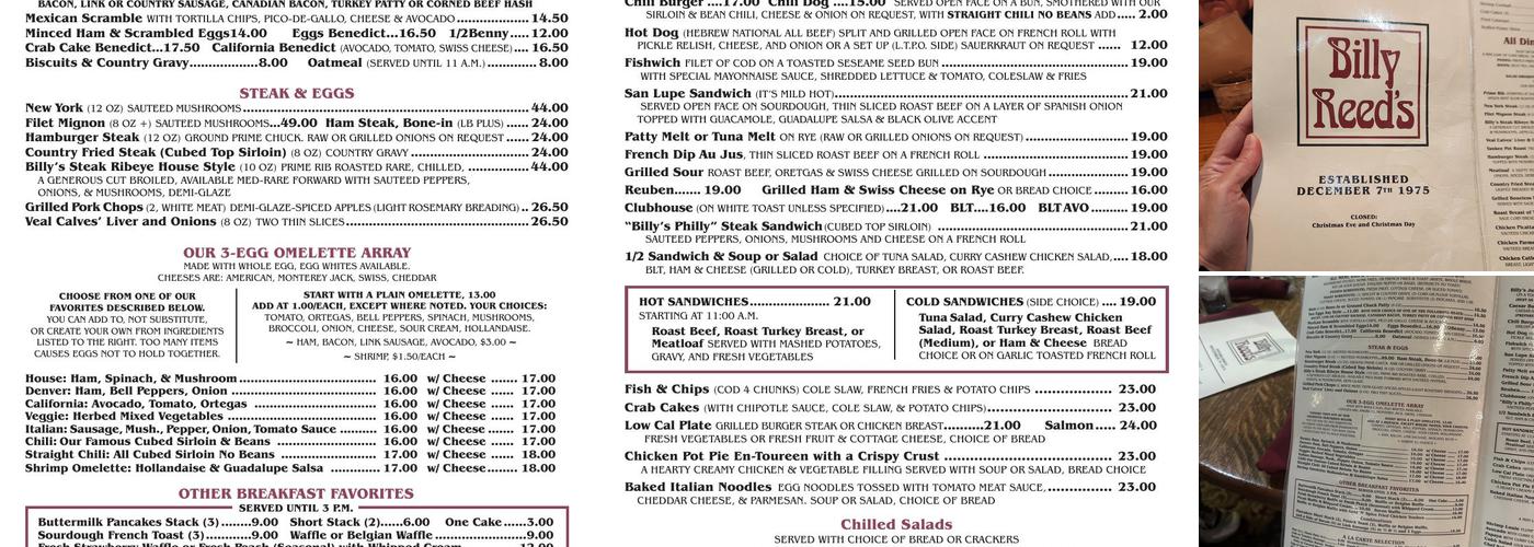 Billy Reed's Palm Springs Menu