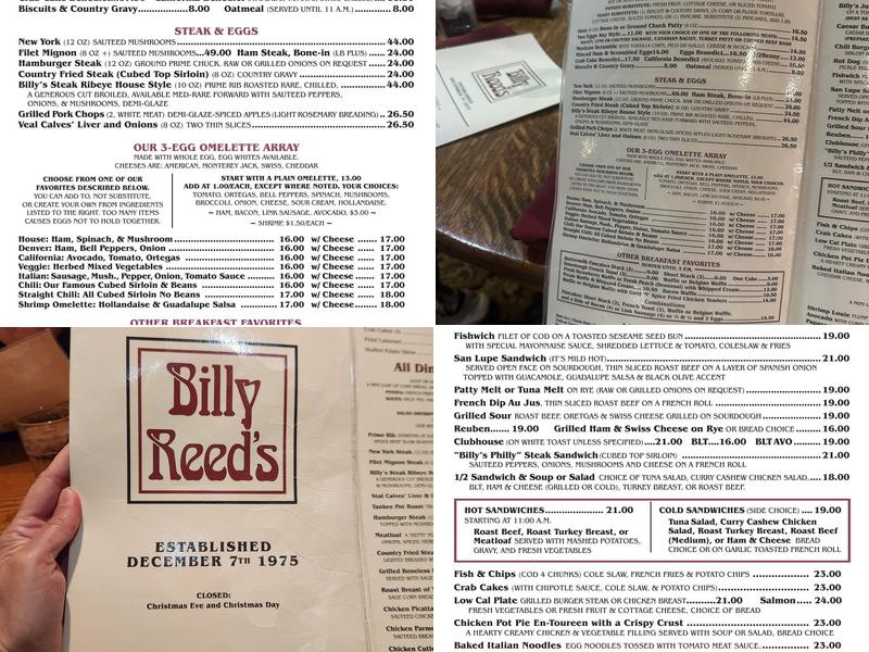 Billy Reed's Palm Springs Menu