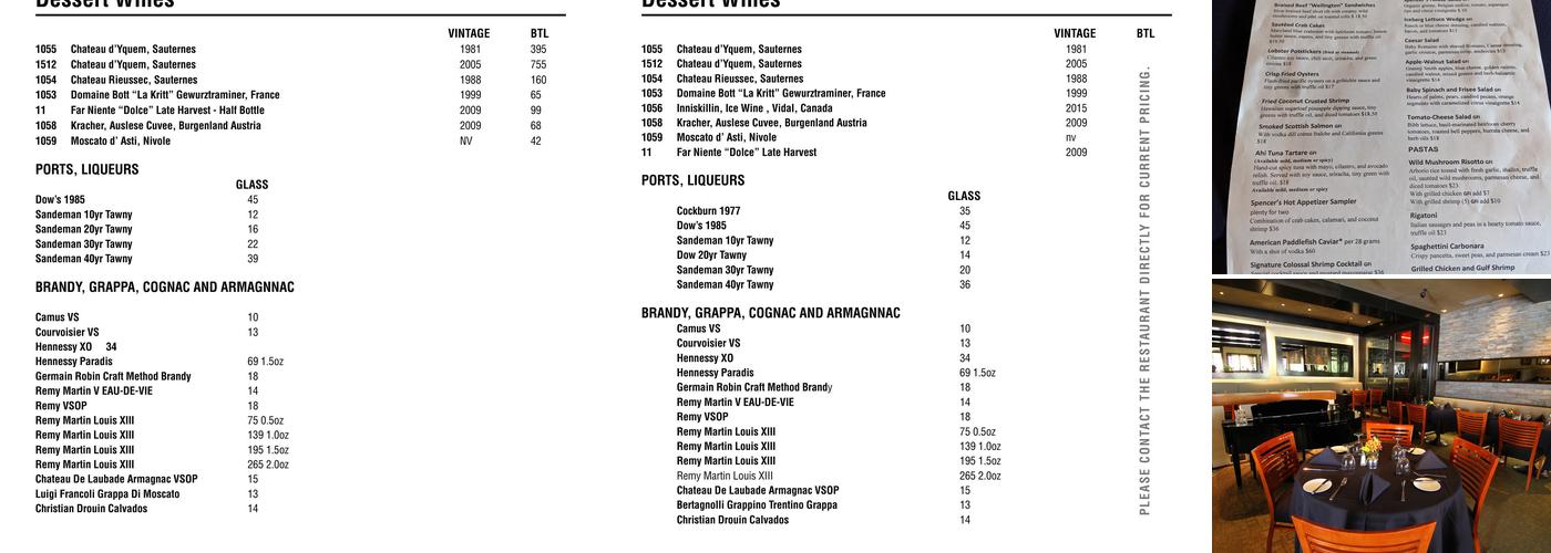 Spencer's Restaurant Menu