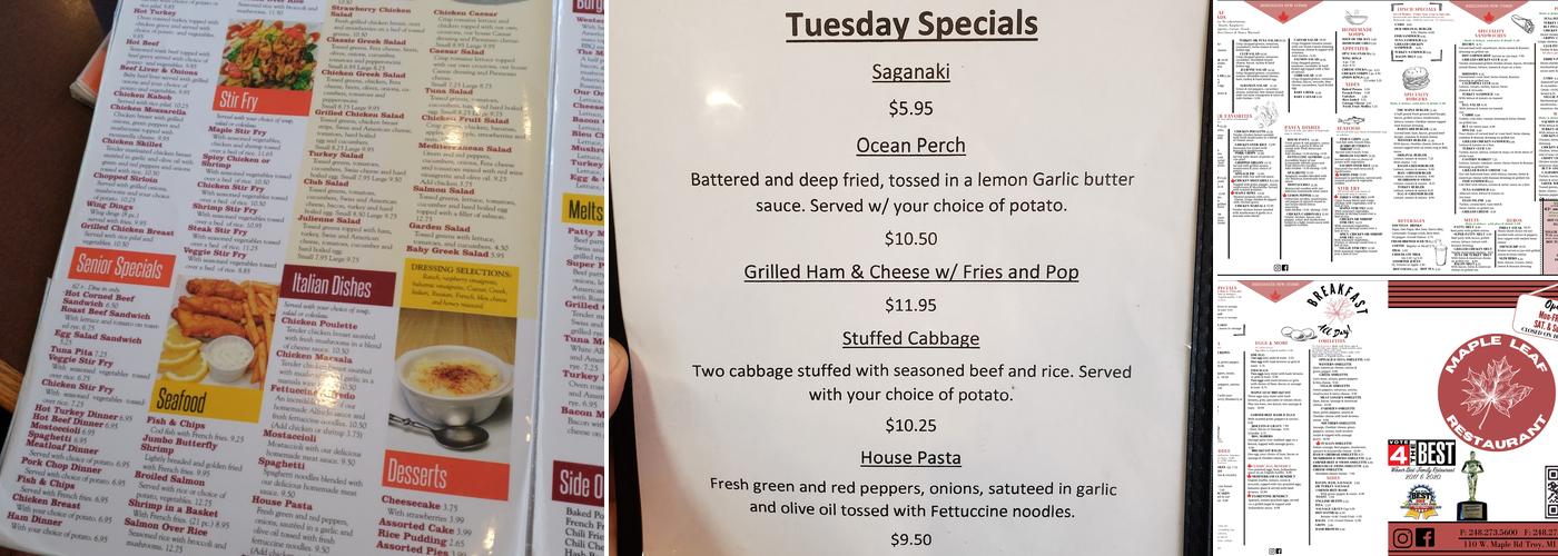 The Maple Leaf Restaurant Menu