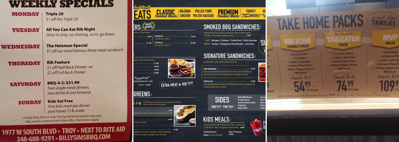 Billy Sims BBQ Menu