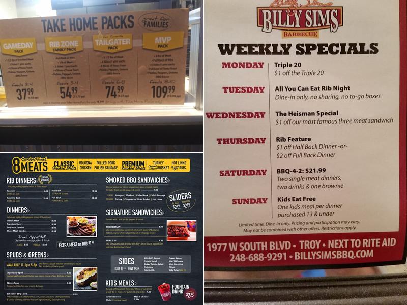 Billy Sims BBQ Menu
