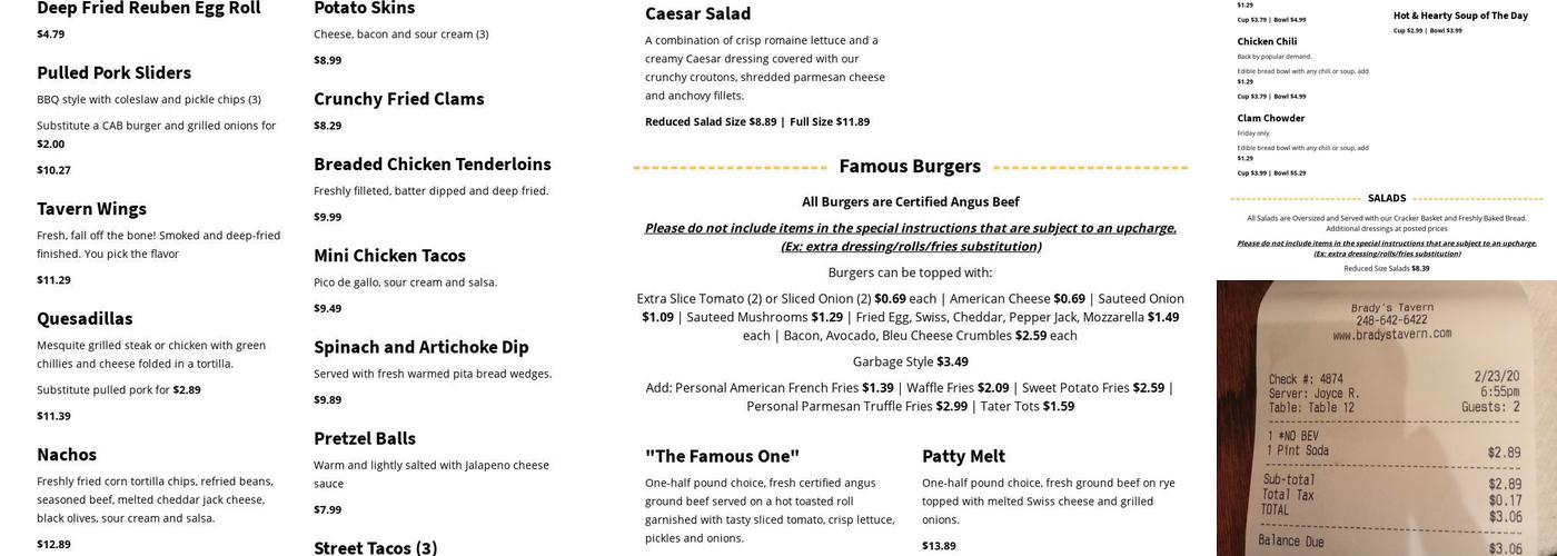 Brady's Tavern Menu