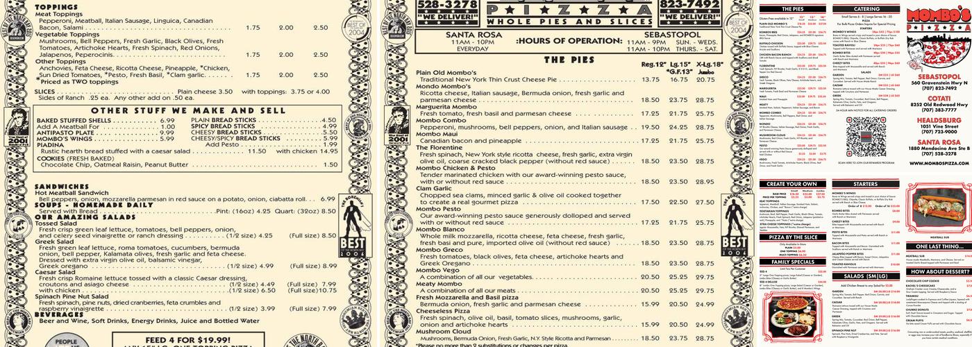 Mombo’s Pizza Menu