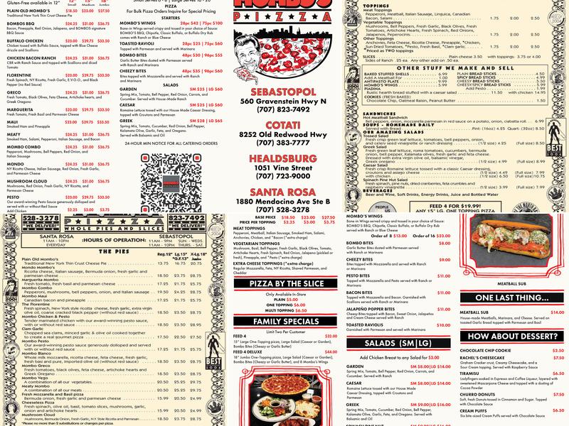 Mombo’s Pizza Menu