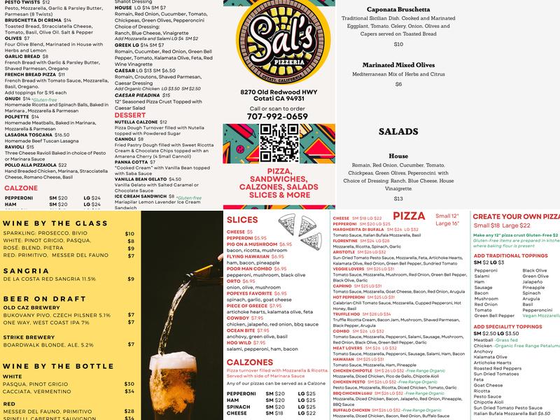 Sal's Pizzeria Cotati Menu