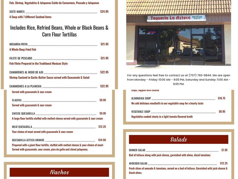 La Azteca Menu