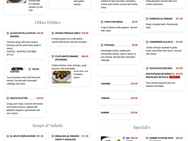 El Paraiso Restaurant Menu