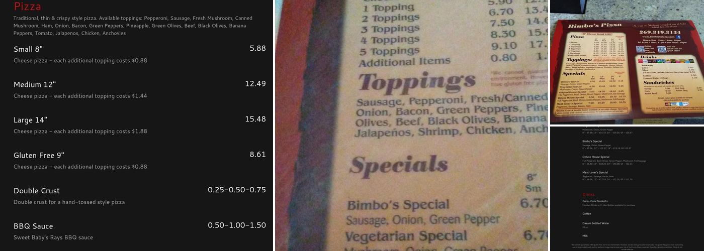 Bimbo's Pizza Menu