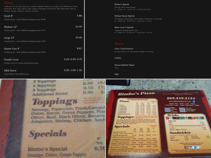 Bimbo's Pizza Menu