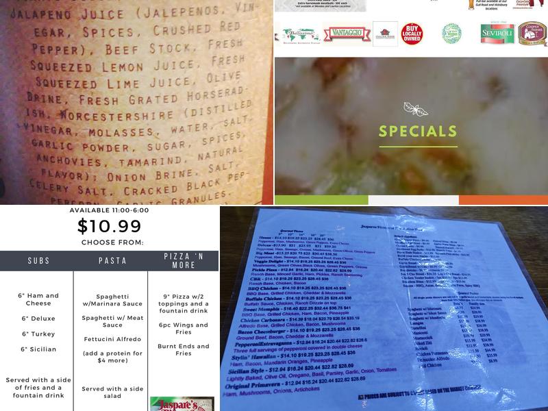 Jaspare's Pizza & Italian Food Menu