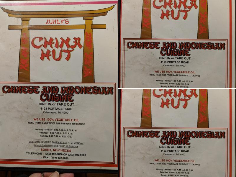 Junly’s China Hut Menu
