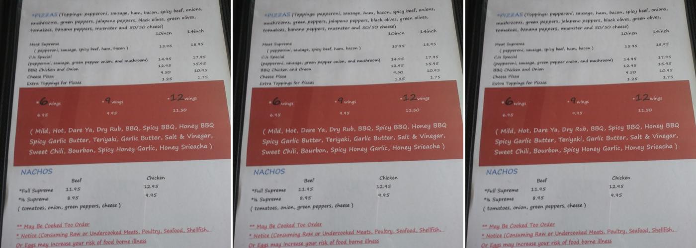 C J's Pub Menu