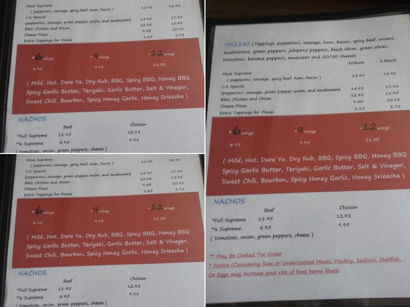 C J's Pub Menu
