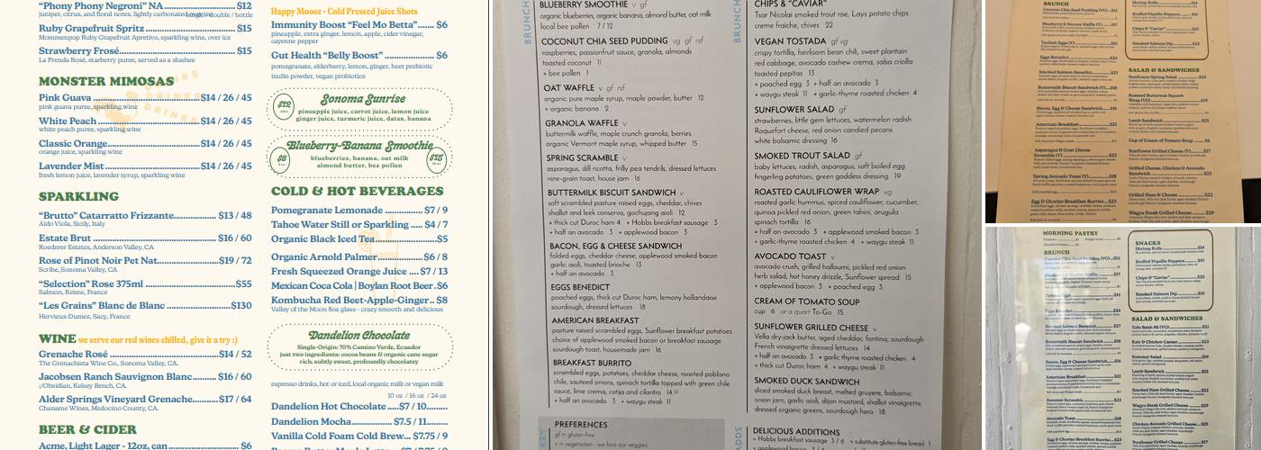 Sunflower Caffé Menu