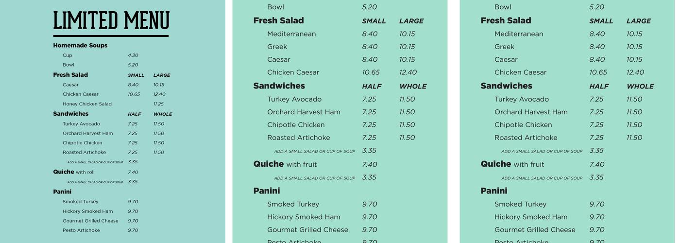 Chapbook Cafe at Schuler Books Menu