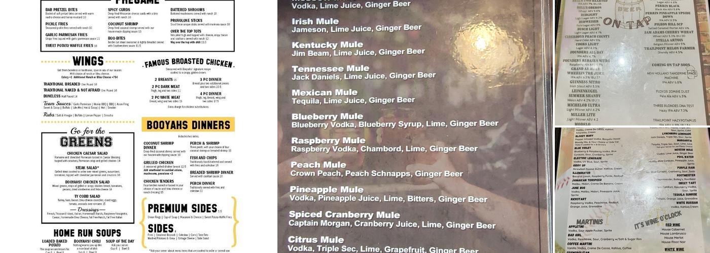Booyahs Bar and Grill Menu