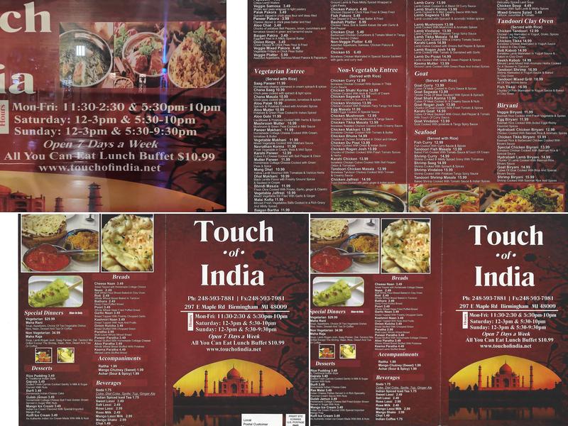 Touch of India Menu